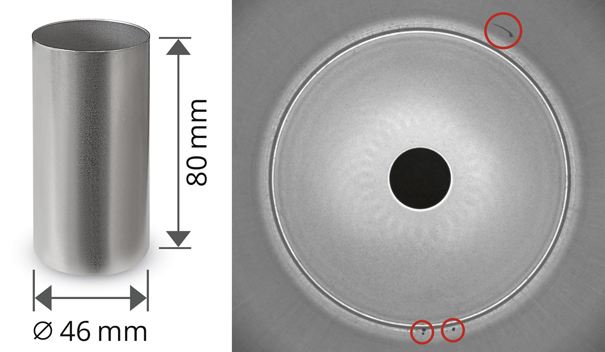 Scratches and impurities present at the bottom of a 4680 cell housing. 
